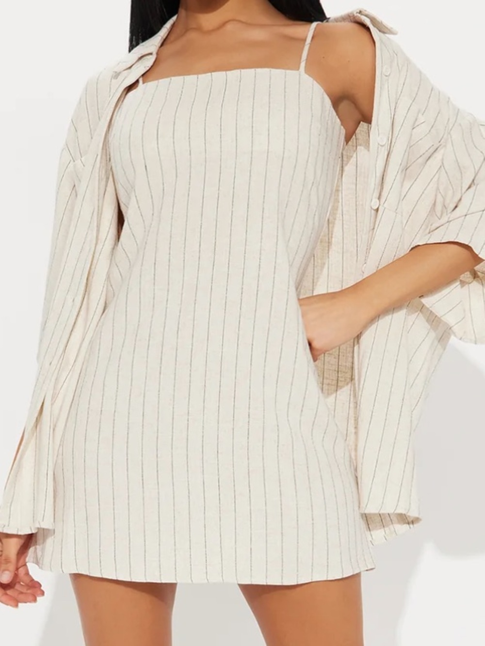 HYFVE Cream Pinstripe Square Neck Mini Dress